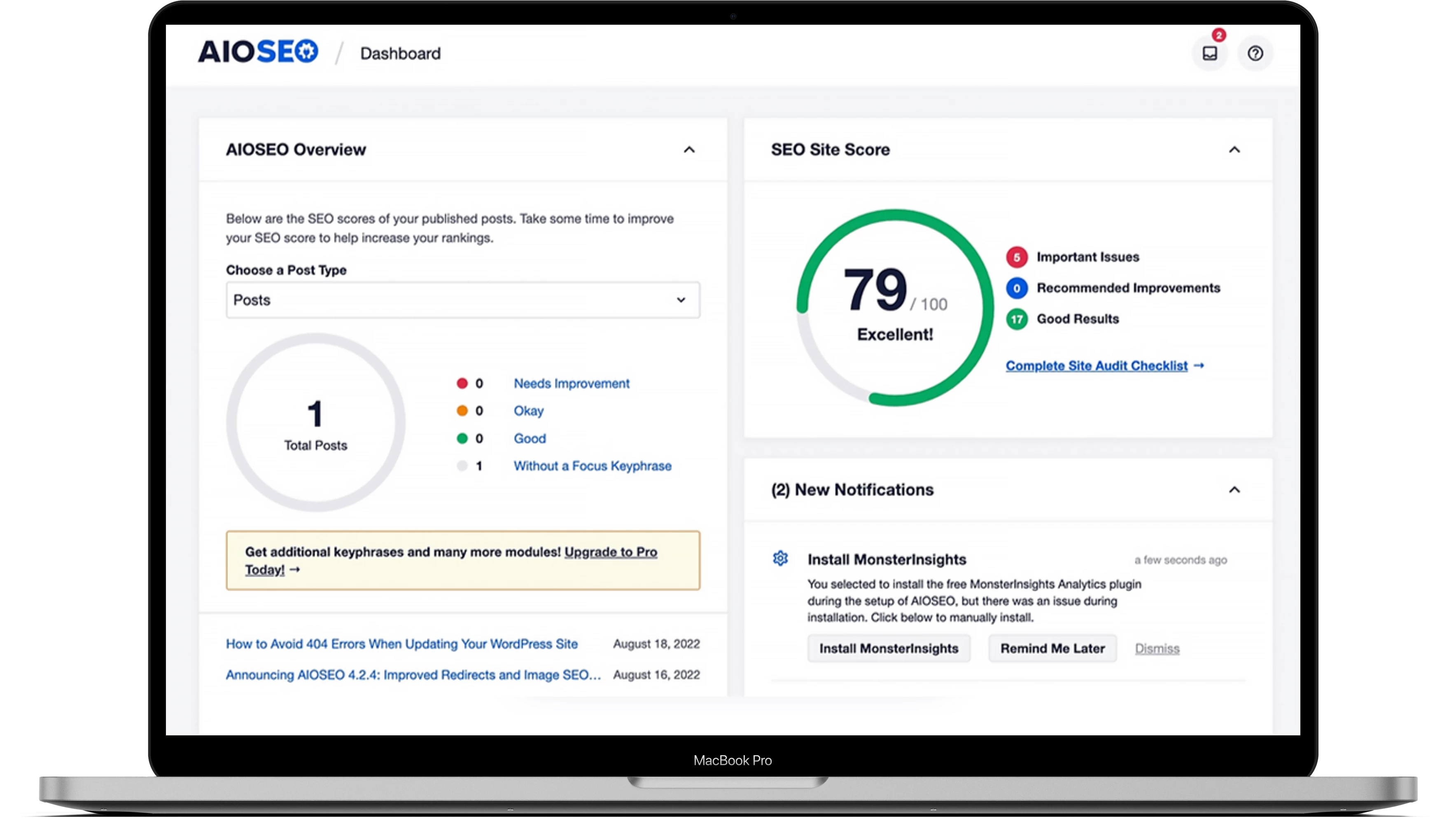 AIO provides a straightforward dashboard that displays the current site status: